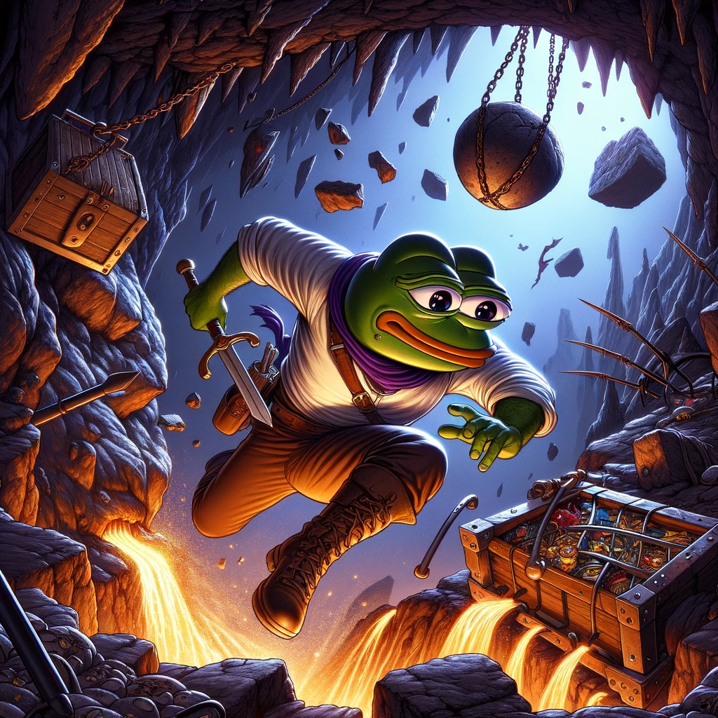 DALL·E 2024-03-16 12.32.38 - Create an ultra HD illustration with a 1_1 dimension ratio of Pepe from Pepe Quest running through a collapsing