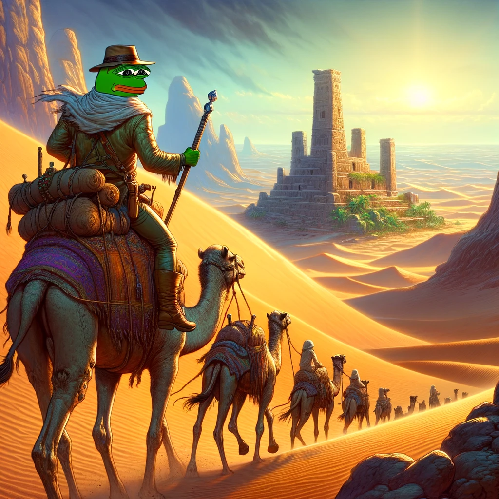 DALL·E 2024-03-16 12.35.25 - Create an ultra 4K quality illustration with a 1_1 dimension ratio, featuring Pepe guiding a camel caravan thro